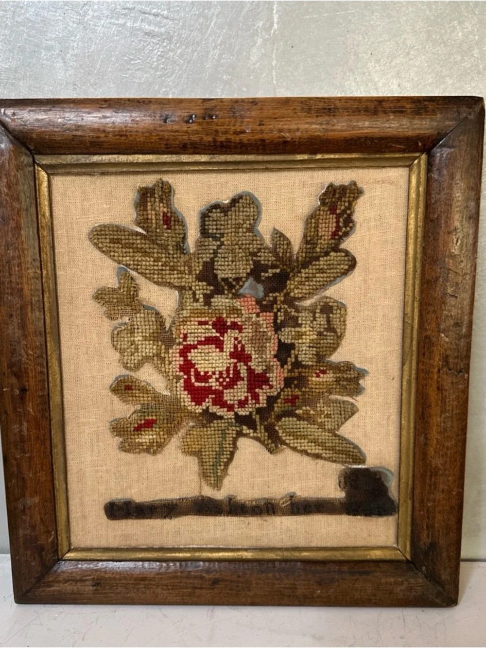 ANTIQUE PRE 1900 FRAMED NEEDLEPOINT